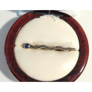 Antique Snake Brooch Pin Round Cut Blue Sapphire Diamonds 14K White/Yellow Gold